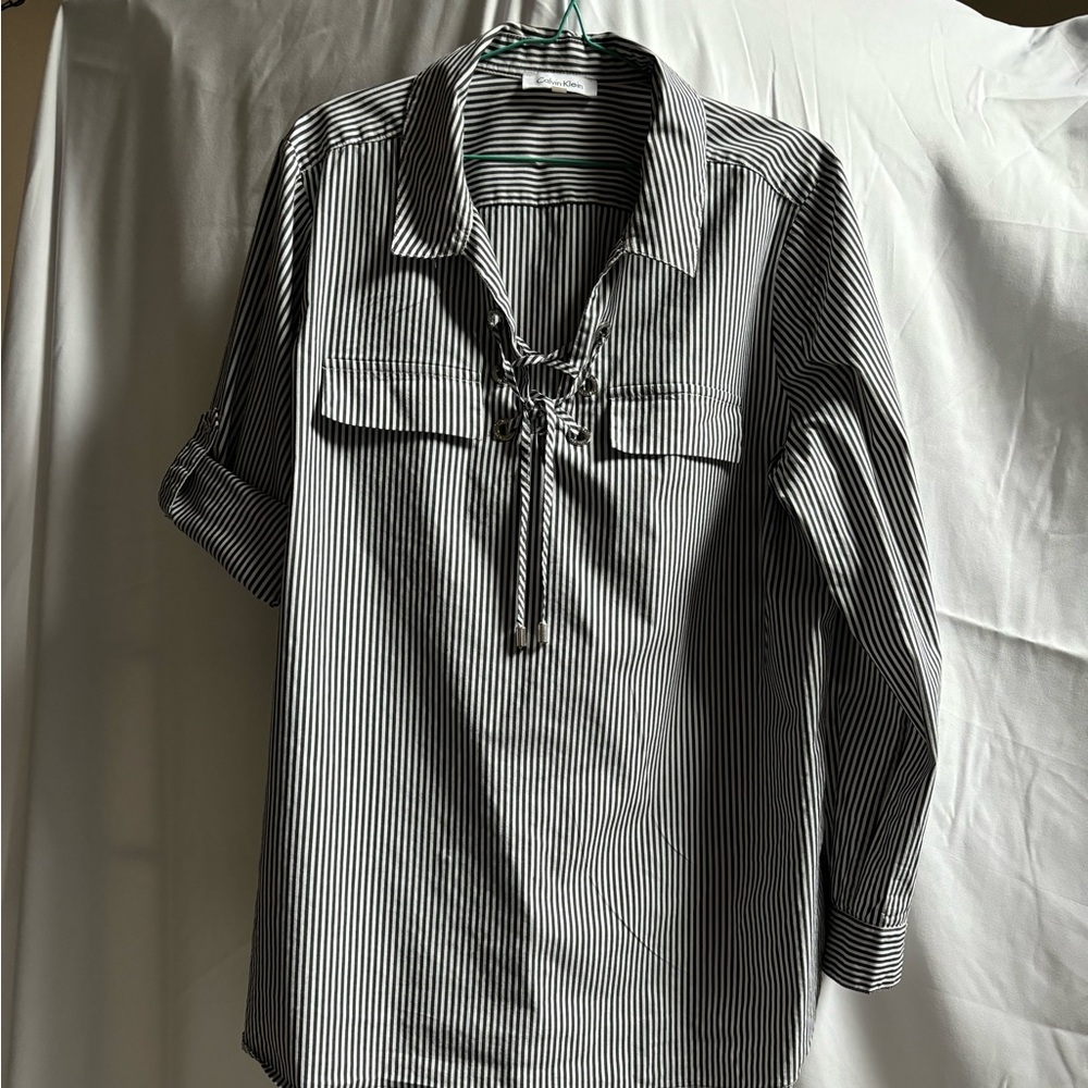 Calvin Klein Blouse LS Striped With Roll Tab Sleeves - Size L